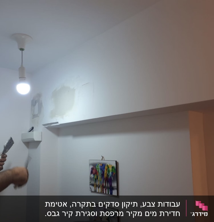 אדם צובע קיר עם שפכטל וצבע לבן
